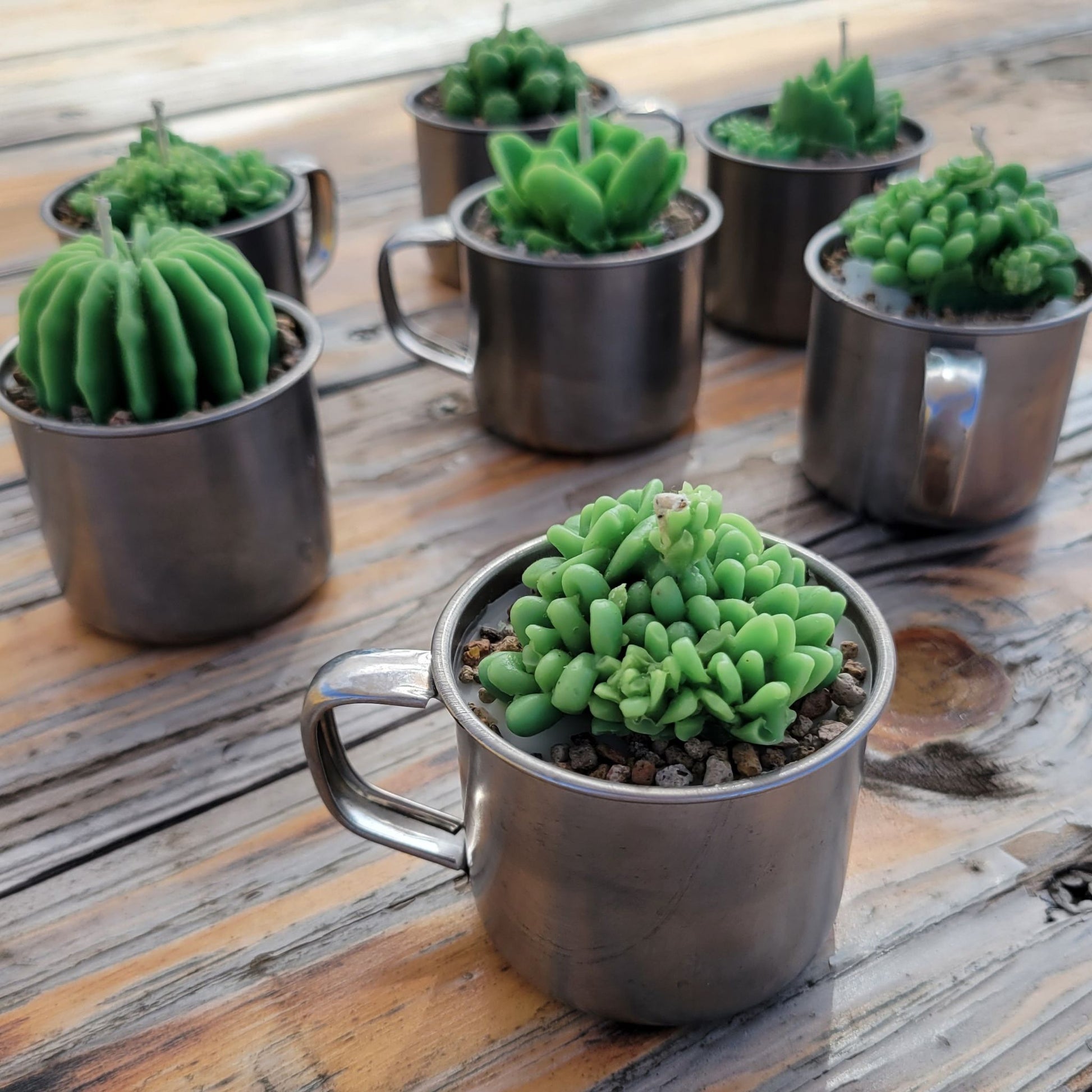 Seven handmade cactus candles in stainless steel mug.