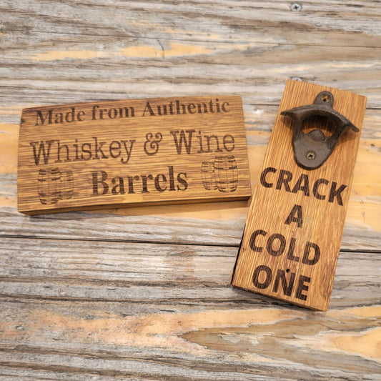 Wall hanging bottle opener made from authentic whiskey & wine barrels.
