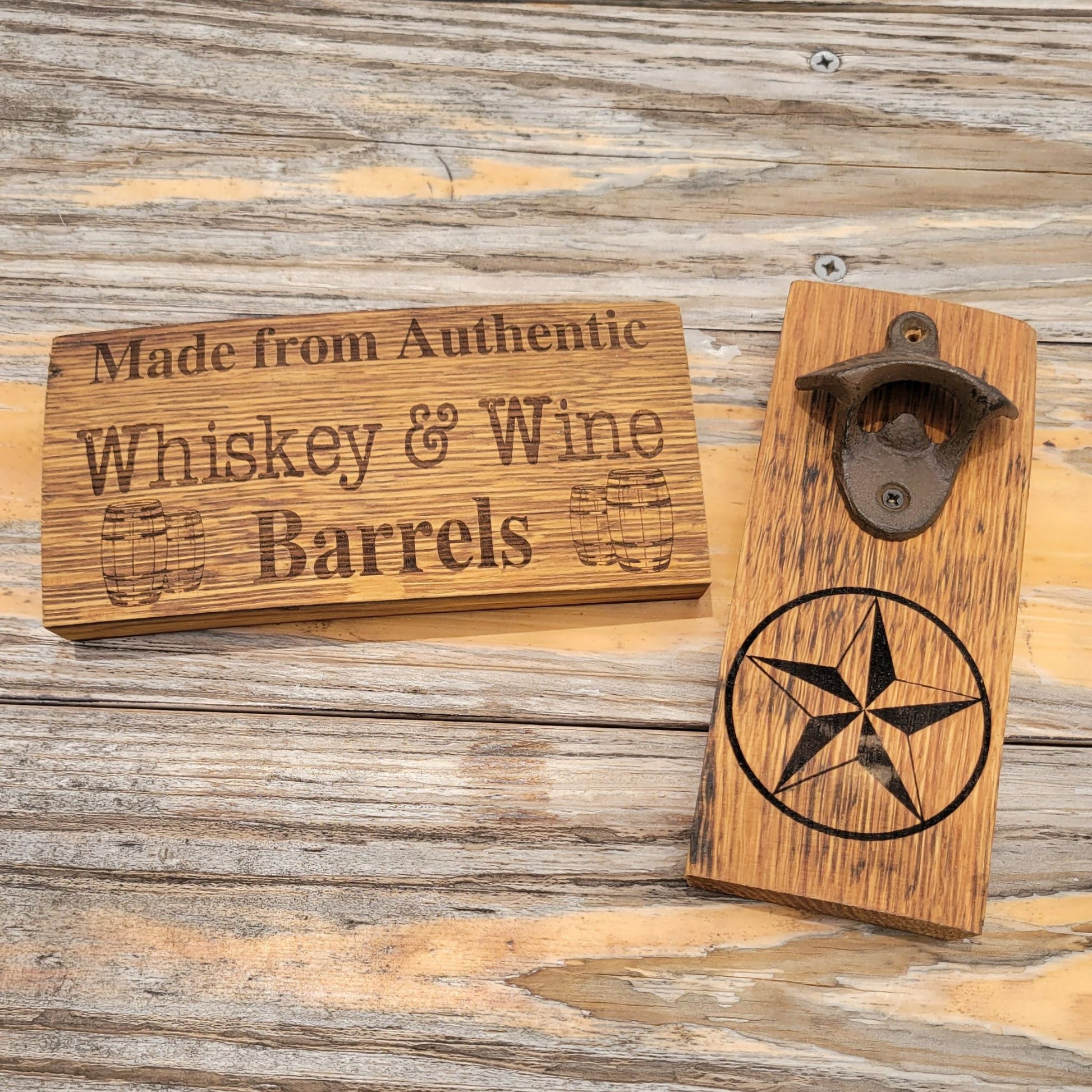 Wall hanging bottle opener made from whiskey & wine barrels.