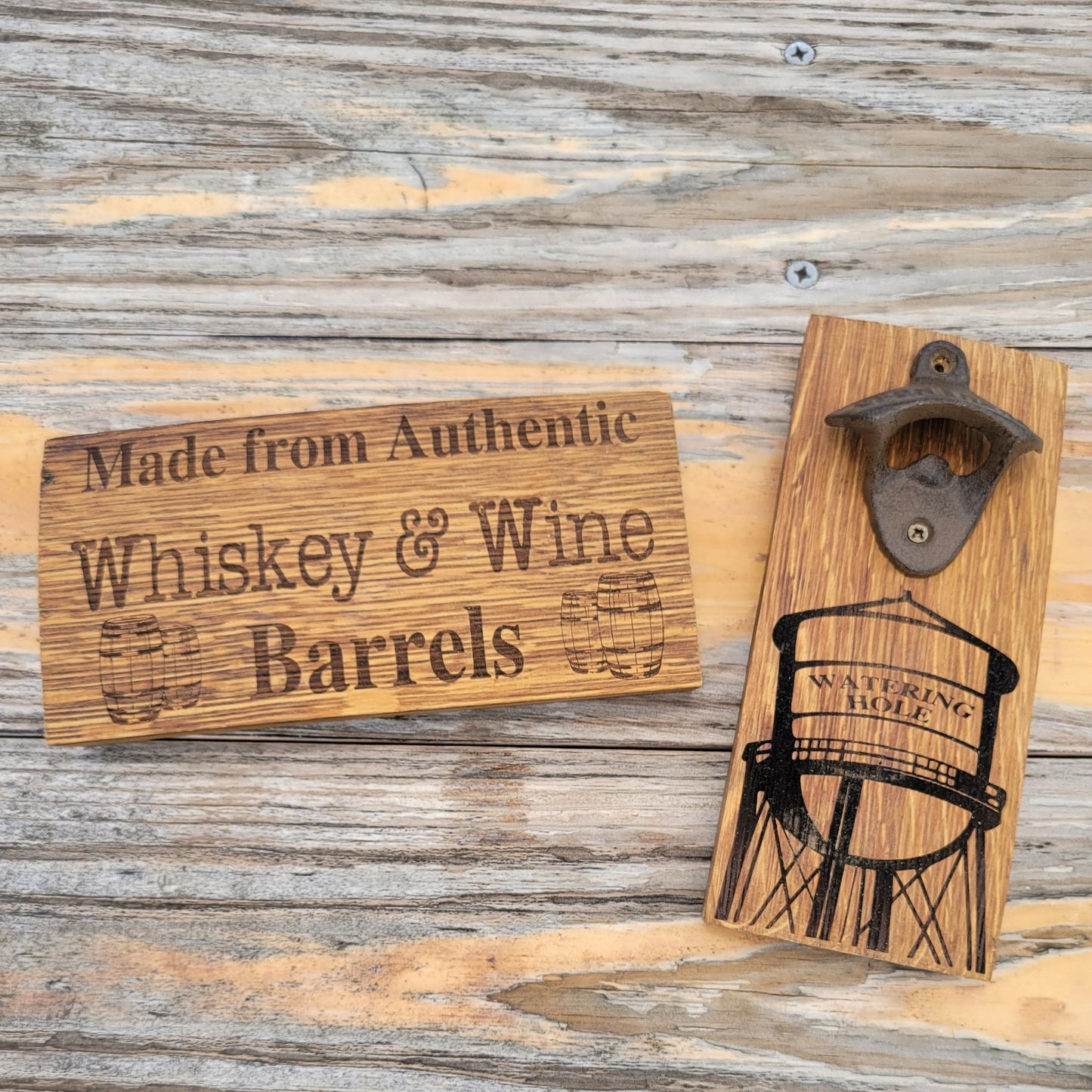 Wall Hanging Bottle Opener made from authentic whiskey & wine barrels.
