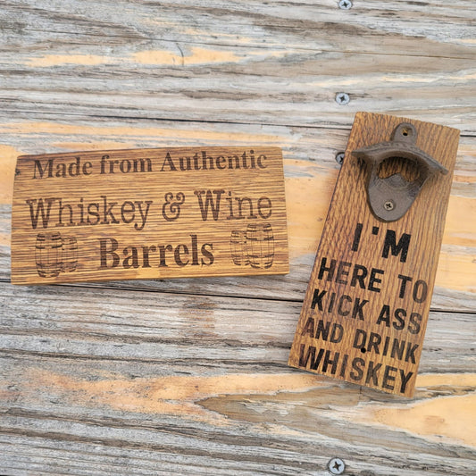 Wall hanging bottle opener made from authentic whiskey & wine barrels.