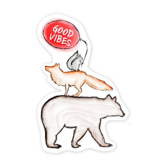 This fun sticker features a squirrel standing on a fox standing on a bear, with the squirrel holding a red balloon saying Good Vibes.
