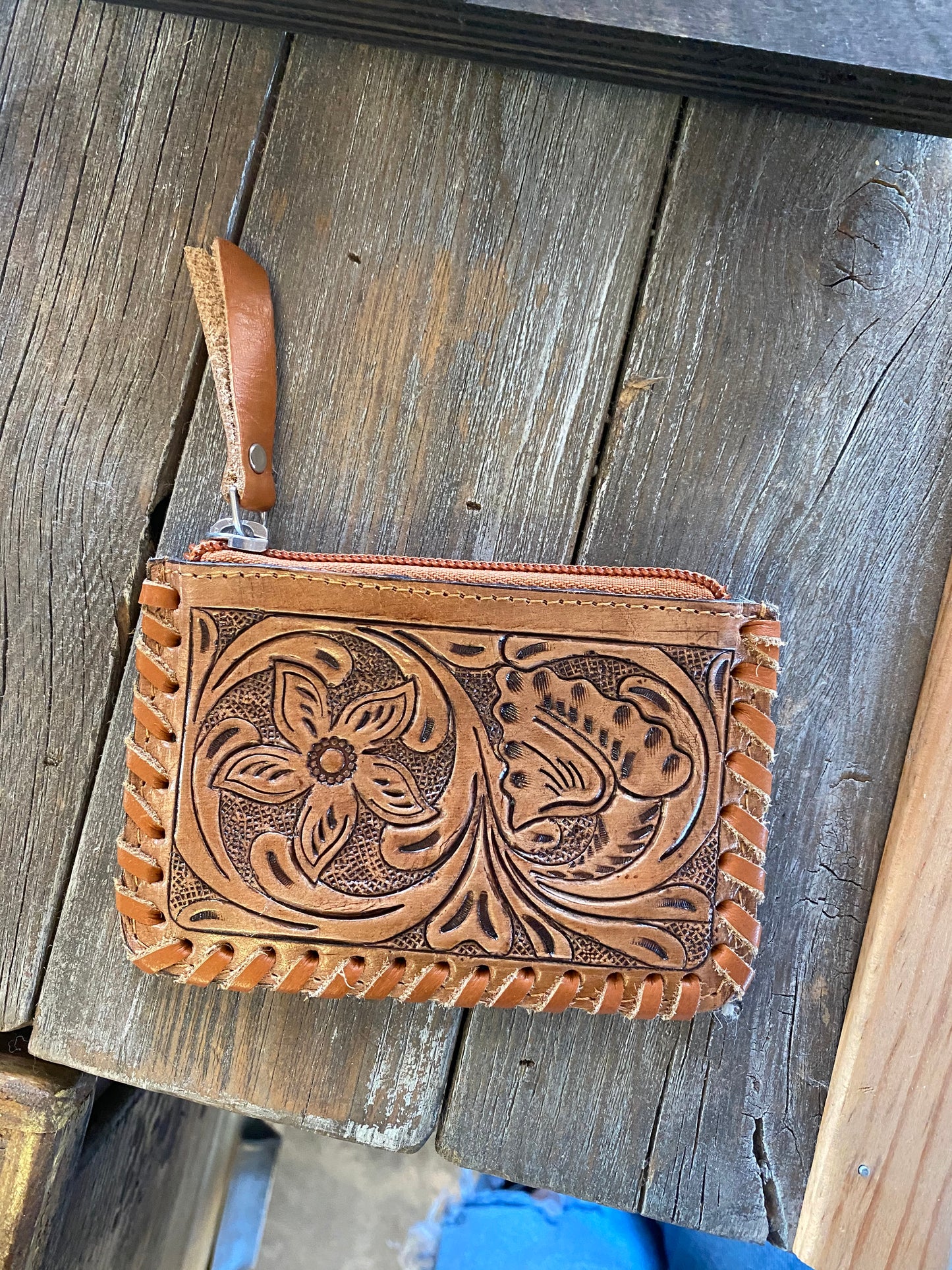Cow Hide Tooled Coin Pouch