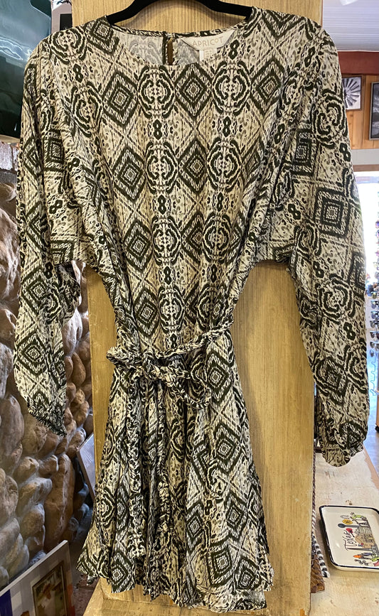 Apricot Geo Tribal Exag Sleeve Dress (Khaki)
