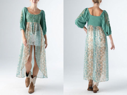 Floral Long Sleeve High Low (Multi Green)